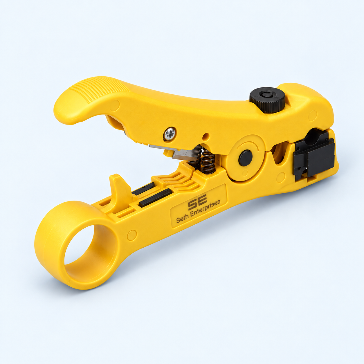 Seth Enterprises Coaxial/ CAT5/ CAT6 Cable Cutter/ Stripping Tool For RG59/6/7/11 4 Seth Enterprises Coaxial/ CAT5/ CAT6 Cable Cutter/ Stripping Tool For RG59/6/7/11 Elevated Angle official studio photography