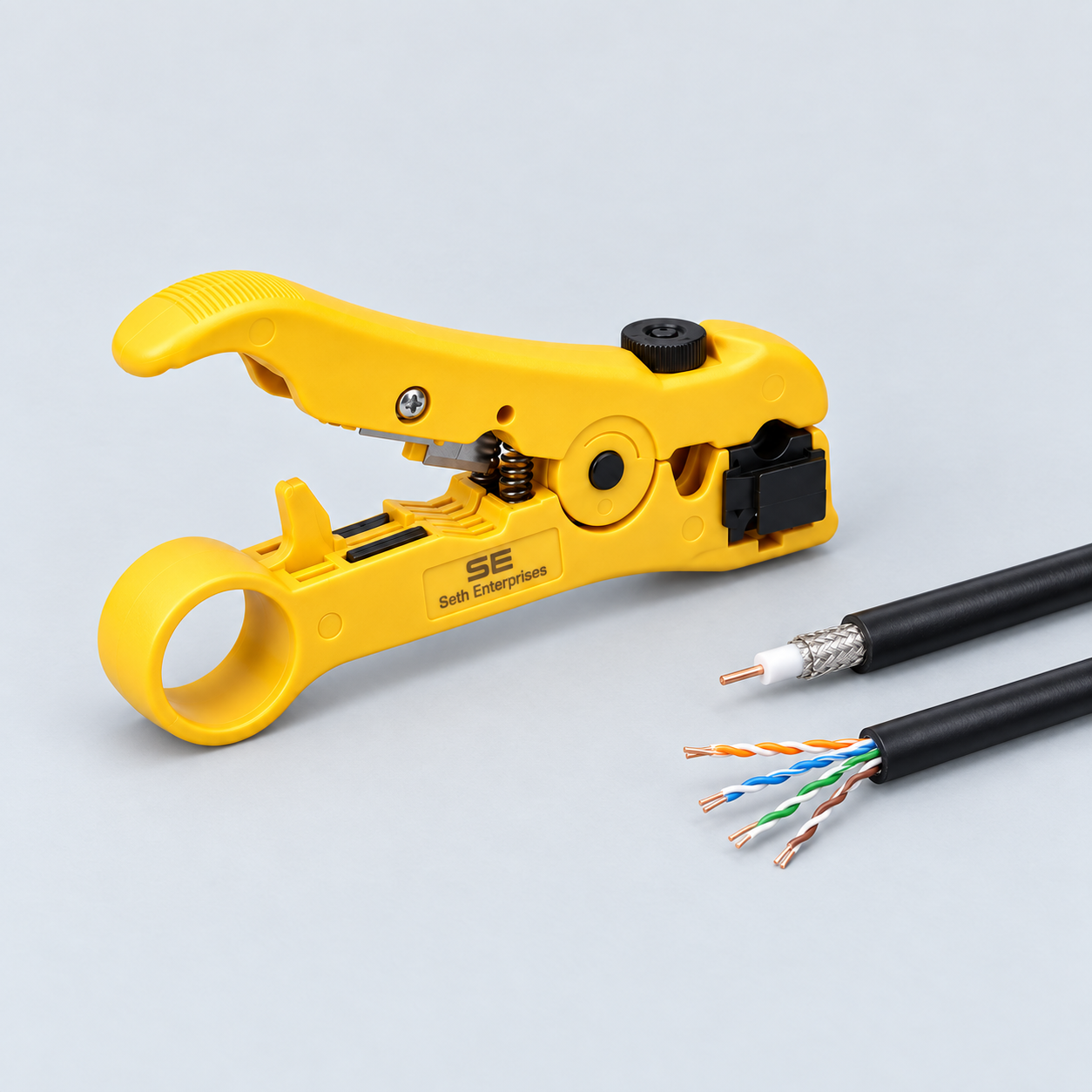 Seth Enterprises Coaxial/ CAT5/ CAT6 Cable Cutter/ Stripping Tool For RG59/6/7/11 8 Seth Enterprises Coaxial/ CAT5/ CAT6 Cable Cutter/ Stripping Tool For RG59/6/7/11 Cable Preparation official studio photography