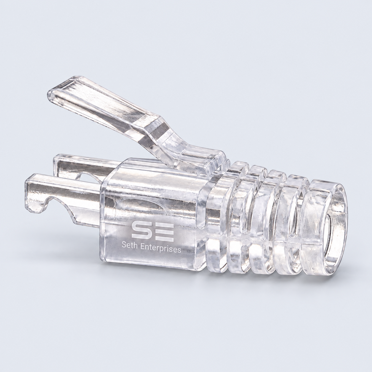 Seth Enterprises RJ45 Transparent Caps For CAT6 Pass Through Connector 10 Seth Enterprises RJ45 Transparent Caps For CAT6 Pass Through Connector Side Profile official studio photography