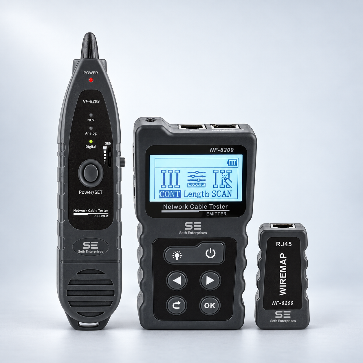 Network Cable Tester NF-8209 Wire Tracker Network Tool Scan Cable Wiremap Tester CAT5 CAT6 Cable Length Measurement, PoE Testing, NCV Function, Black 1 Network Cable Tester NF-8209 Wire Tracker Network Tool Scan Cable Wiremap Tester CAT5 CAT6 Cable Length Measurement, PoE Testing, NCV Function, Black Main official studio photography