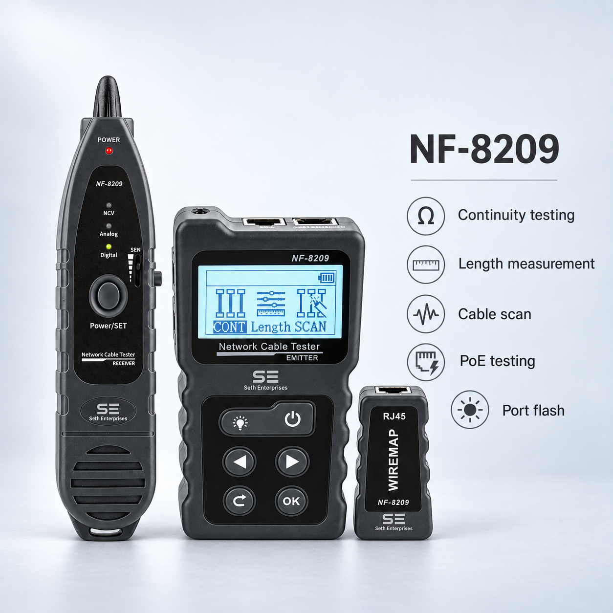 Network Cable Tester NF-8209 Wire Tracker Network Tool Scan Cable Wiremap Tester CAT5 CAT6 Cable Length Measurement, PoE Testing, NCV Function, Black 2 Network Cable Tester NF-8209 Wire Tracker Network Tool Scan Cable Wiremap Tester CAT5 CAT6 Cable Length Measurement, PoE Testing, NCV Function, Black Feature Overview official studio photography