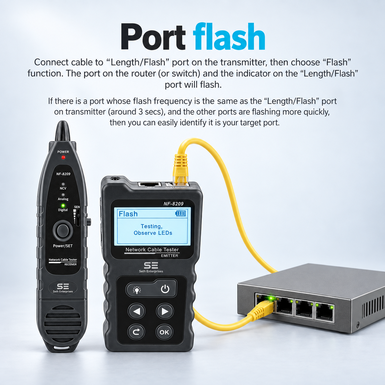 Network Cable Tester NF-8209 Wire Tracker Network Tool Scan Cable Wiremap Tester CAT5 CAT6 Cable Length Measurement, PoE Testing, NCV Function, Black 4 Network Cable Tester NF-8209 Wire Tracker Network Tool Scan Cable Wiremap Tester CAT5 CAT6 Cable Length Measurement, PoE Testing, NCV Function, Black Port Flash official studio photography