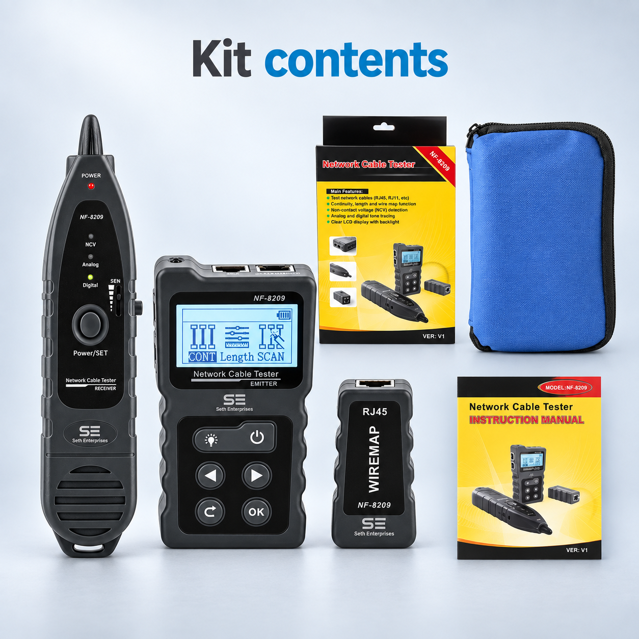 Network Cable Tester NF-8209 Wire Tracker Network Tool Scan Cable Wiremap Tester CAT5 CAT6 Cable Length Measurement, PoE Testing, NCV Function, Black 6 Network Cable Tester NF-8209 Wire Tracker Network Tool Scan Cable Wiremap Tester CAT5 CAT6 Cable Length Measurement, PoE Testing, NCV Function, Black Kit Contents official studio photography