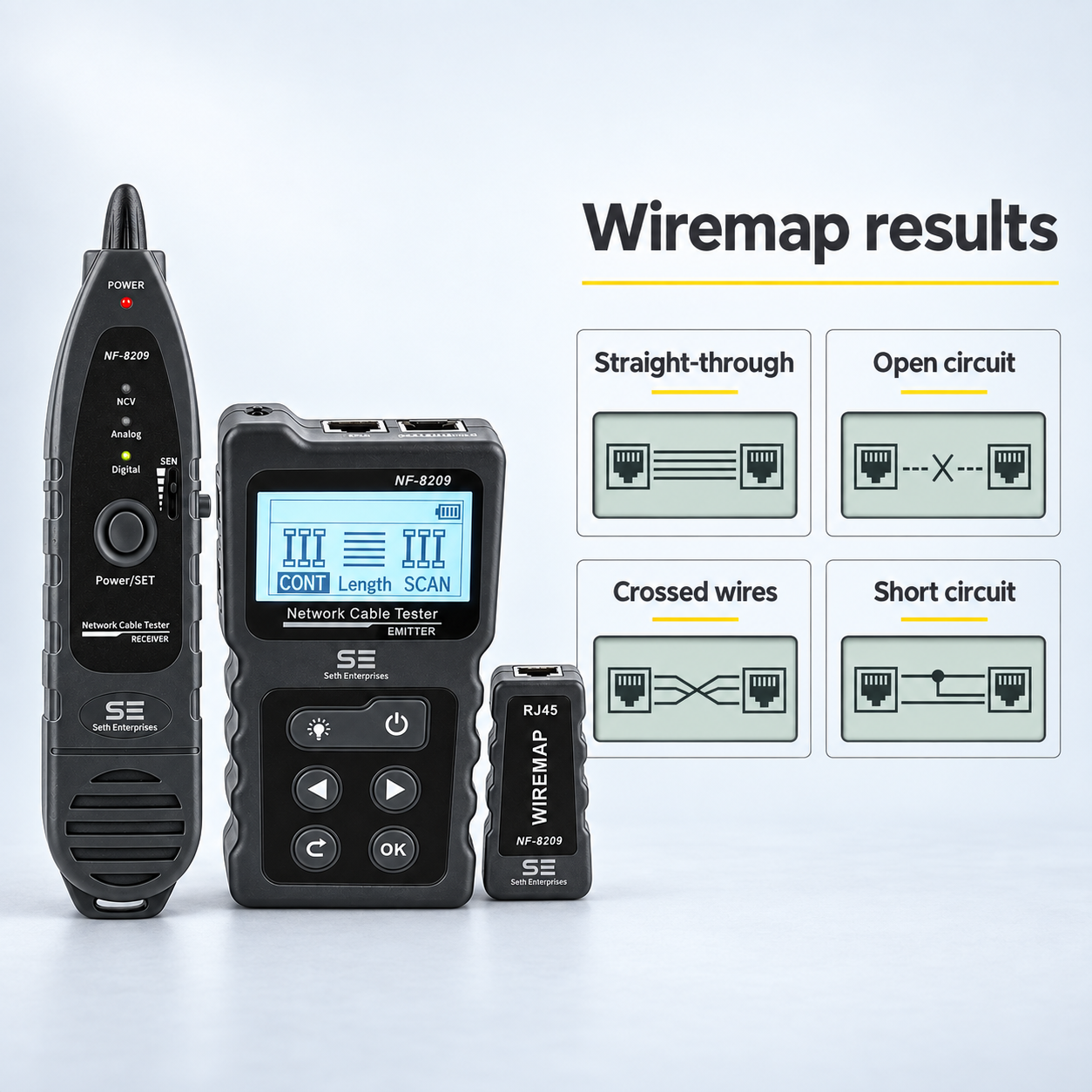 Network Cable Tester NF-8209 Wire Tracker Network Tool Scan Cable Wiremap Tester CAT5 CAT6 Cable Length Measurement, PoE Testing, NCV Function, Black 9 Network Cable Tester NF-8209 Wire Tracker Network Tool Scan Cable Wiremap Tester CAT5 CAT6 Cable Length Measurement, PoE Testing, NCV Function, Black Wiremap Results official studio photography