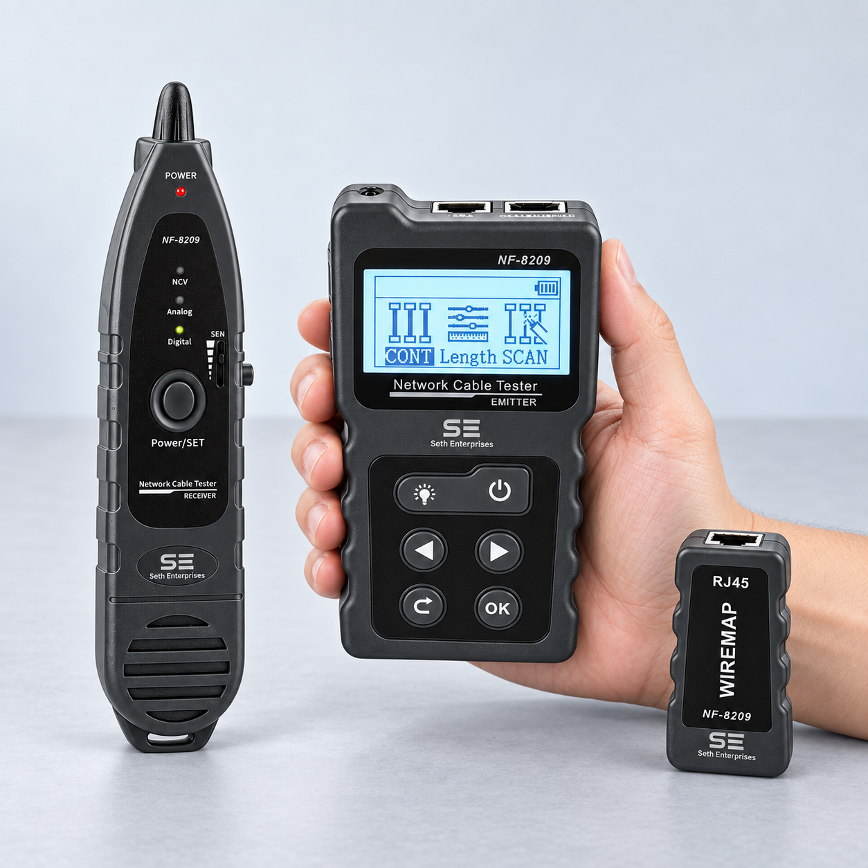 Network Cable Tester NF-8209 Wire Tracker Network Tool Scan Cable Wiremap Tester CAT5 CAT6 Cable Length Measurement, PoE Testing, NCV Function, Black 10 Network Cable Tester NF-8209 Wire Tracker Network Tool Scan Cable Wiremap Tester CAT5 CAT6 Cable Length Measurement, PoE Testing, NCV Function, Black Handheld System official studio photography