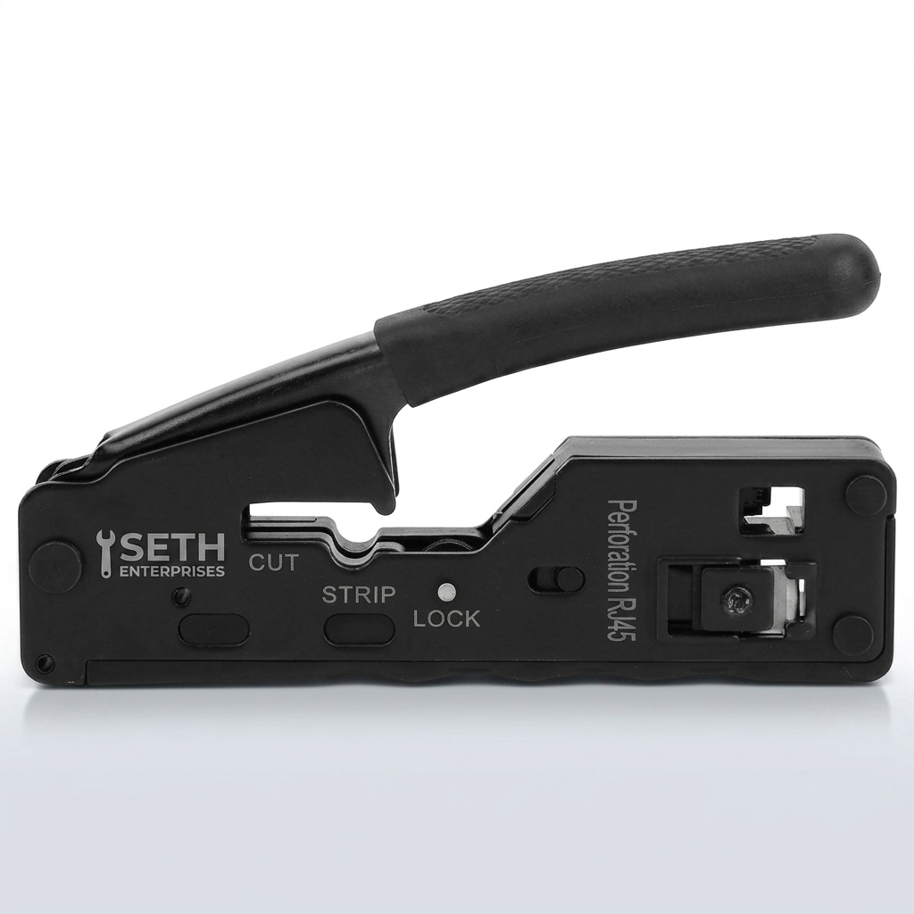 Essential Networking Tools for smooth Installations of CCTV and Other Connections 1 Seth Enterprises RJ45 Cat5 Cat6 Tactical Black Professional Pass Through Modular Crimping Tool with Cable Stripper and Lock