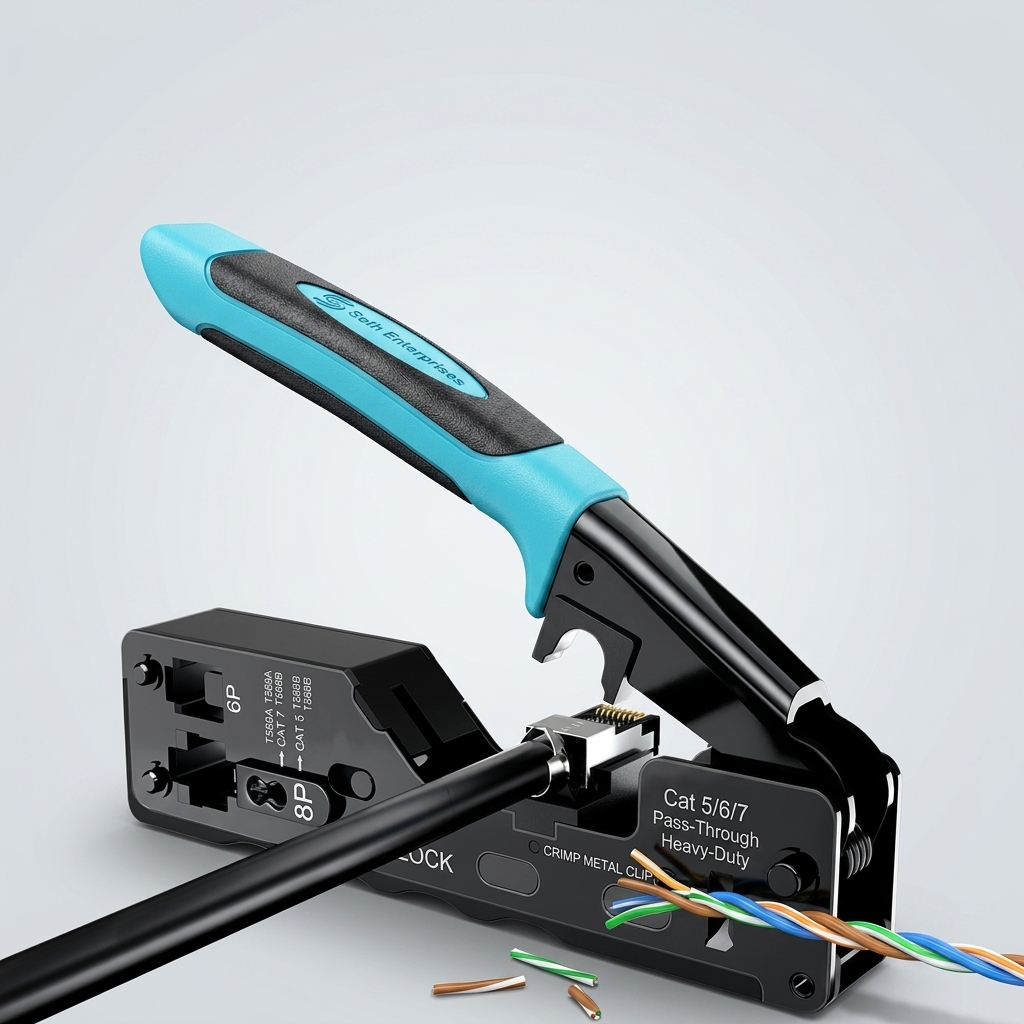 White-Label & OEM Networking Hardware: Custom Branding, Laser Engraving & Bulk Solutions with Seth Enterprises 1 Seth Enterprises RJ45 Cat5 Cat6 Cat7 Pass Through Modular Crimping Tool Ergonomic Blue Handle